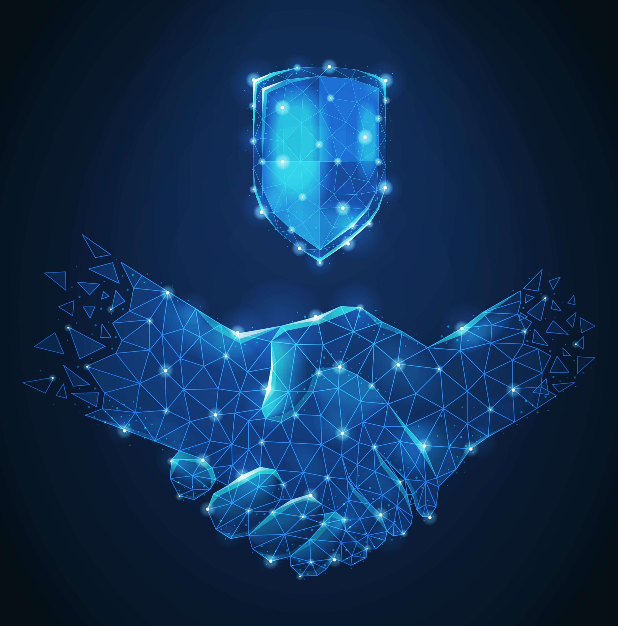 Trusted, secure enterprise partnership - a glowing digital handshake beneath a protective shield